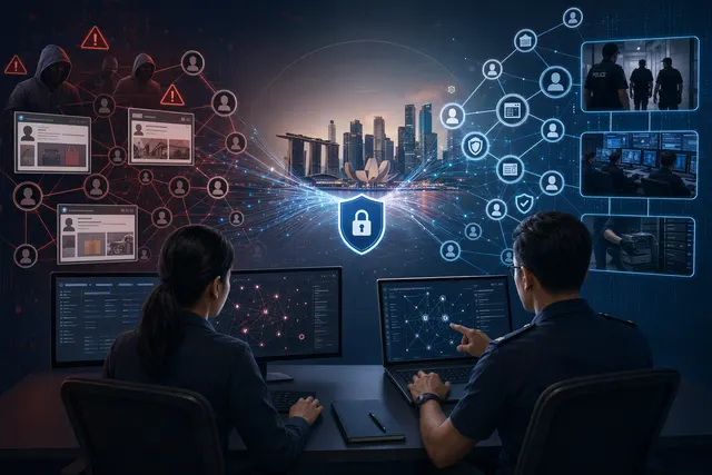AI-generated illustration accompanying a report on Meta and Singapore Police efforts against online scam networks
