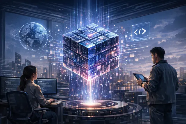 Abstract editorial illustration representing MiniMax M2.1, an open-weight AI model for multilingual coding and agent workflows
