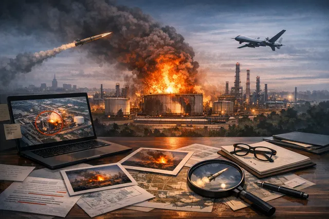 Satellite or aerial view of the Moscow Kapotnya oil refinery with smoke rising after the June 18, 2026 explosion.