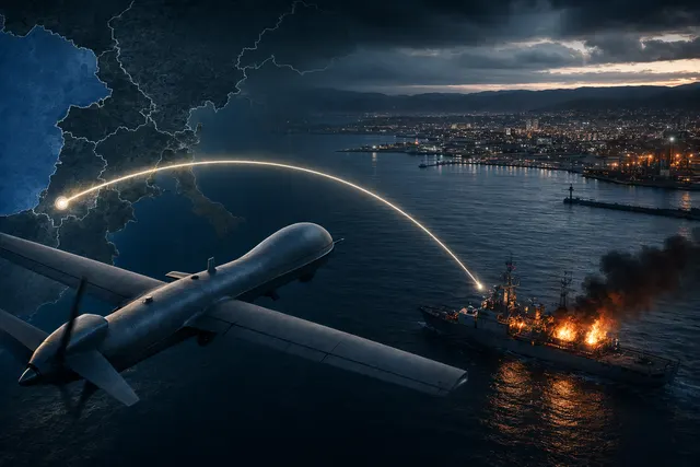 Illustration of a drone attacking a patrol vessel at sea, representing Ukraine’s long‑range strike on a Russian ship near Kaspiysk in Dagestan