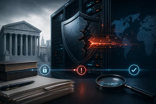 Editorial illustration of a cybersecurity incident affecting a digital court case-management platform