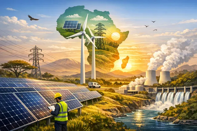 Aerial view of a vast solar farm in an African landscape at sunset, with rows of photovoltaic panels stretching toward the horizon.
