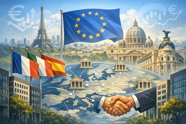 European Union flags in front of a modern glass financial district with interconnected digital network lines representing cross-border banking integration
