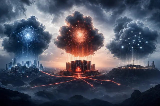 Editorial illustration of overlapping outages affecting major AI services