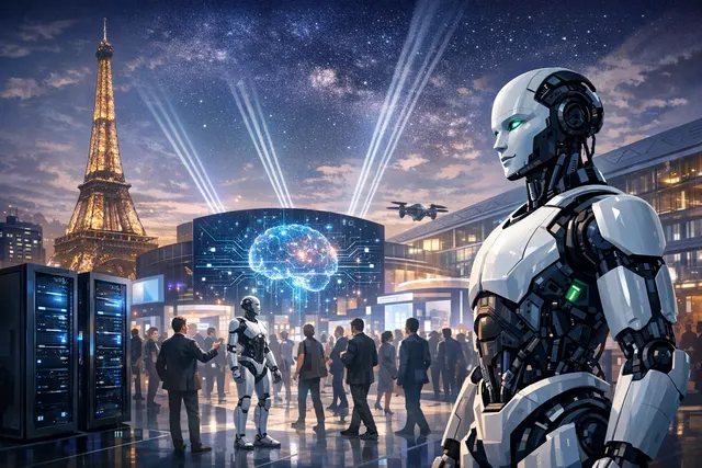 AI-generated image representing VivaTech 2026 in Paris, featuring humanoid robots, AI infrastructure, and Foxconn's debut.