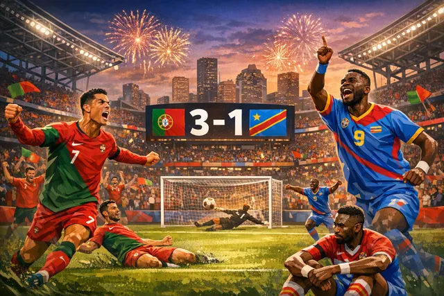 Cristiano Ronaldo of Portugal looks dejected during a 2026 World Cup match against DR Congo, while Yoane Wissa celebrates a historic goal.
