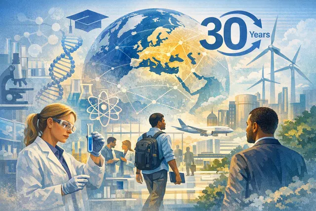 Editorial illustration of researchers connected across countries, disciplines and sectors through the Marie Skłodowska-Curie Actions
