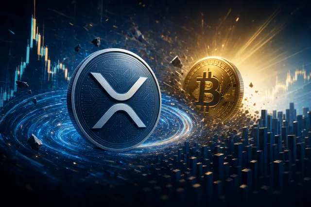 Editorial illustration of XRP and cryptocurrency market volatility during a Bitcoin-led rally