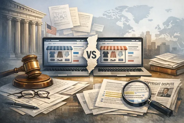 Abstract legal and technology illustration representing the Shopify vs. Shopline copyright infringement lawsuit over open-source code.