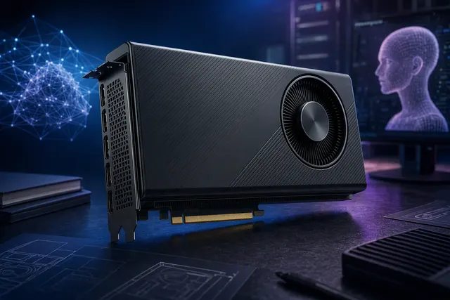 AI-generated editorial illustration for an article about the ASUS UGen Intel Arc Pro B70 32GB workstation graphics card