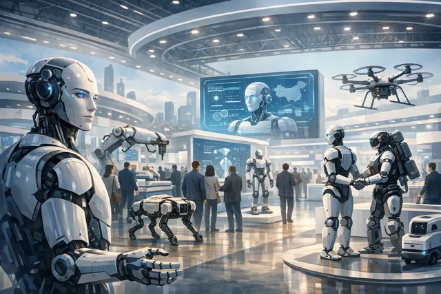 Editorial illustration of humanoid and industrial robots representing China’s embodied-AI and manufacturing push