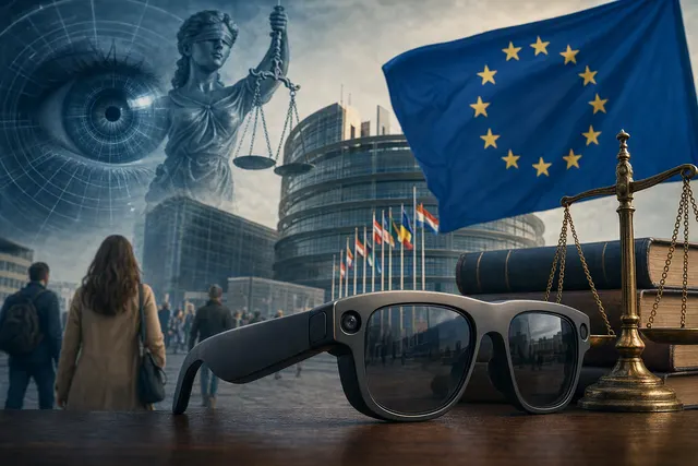 Editorial illustration of camera-equipped smart glasses and privacy concerns in Europe