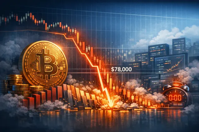 Illustration of Bitcoin falling below $78,000 as leveraged futures positions are liquidated