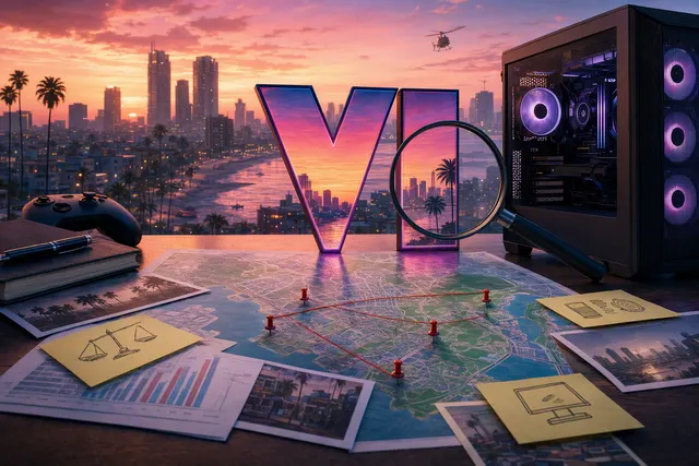 Editorial illustration about the uncertain PC release timing for Grand Theft Auto VI