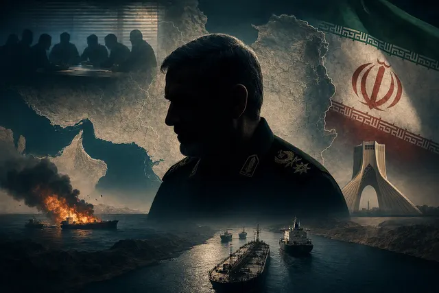 Editorial illustration of maritime tensions in the Strait of Hormuz