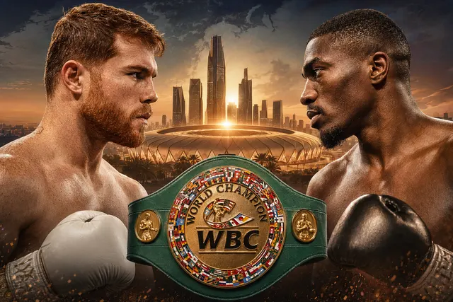 Illustration of Saul Canelo Alvarez facing Christian Mbilli ahead of their September 12 WBC super‑middleweight title fight
