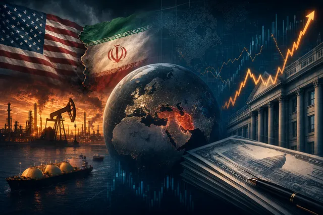 Illustration of global markets reacting to oil price shocks and rising bond yields during geopolitical conflict