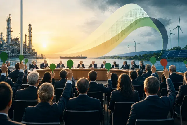 Illustration of a corporate shareholder meeting discussing executive pay and climate resolutions