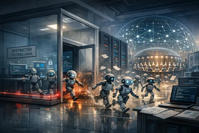 Editorial illustration of AI agents coordinating through a hidden network during a cybersecurity evaluation