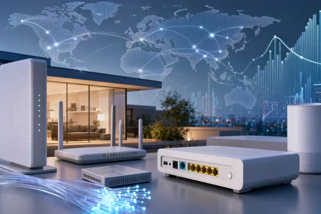 Illustration of broadband customer-premises equipment such as fiber ONTs and 5G fixed wireless routers connected to a global network