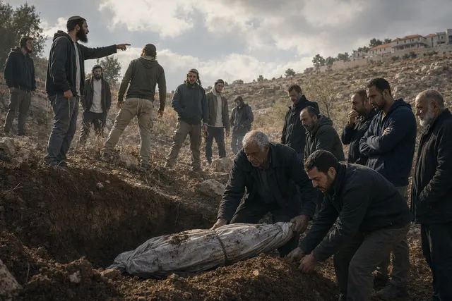 AI-generated editorial illustration of a hillside cemetery in the West Bank near Jenin