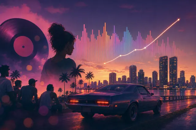Editorial illustration of Grand Theft Auto VI-inspired nightlife and music discovery