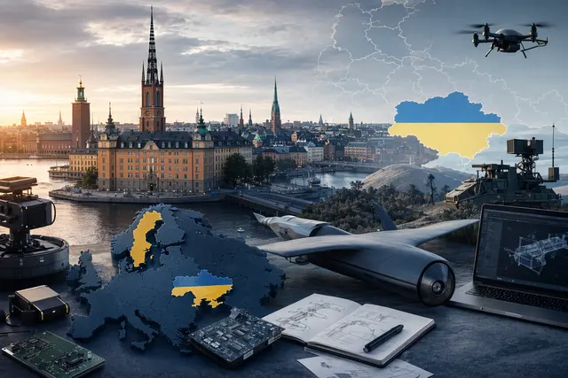 Illustration representing investment in defence technology startups including drones, software, and communications systems in Europe