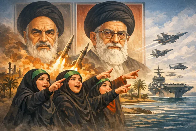 Editorial illustration depicting rising geopolitical tension between Iran and the U.S. in the Persian Gulf region.