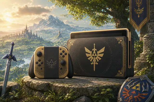 Editorial illustration of Nintendo's Zelda 40th Anniversary Switch 2 announcement