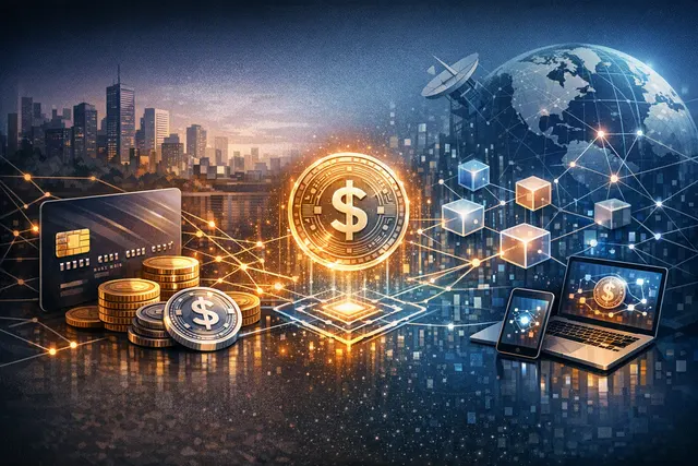 Visa and Mastercard logos with a digital payments network and blockchain graphics representing stablecoin integration