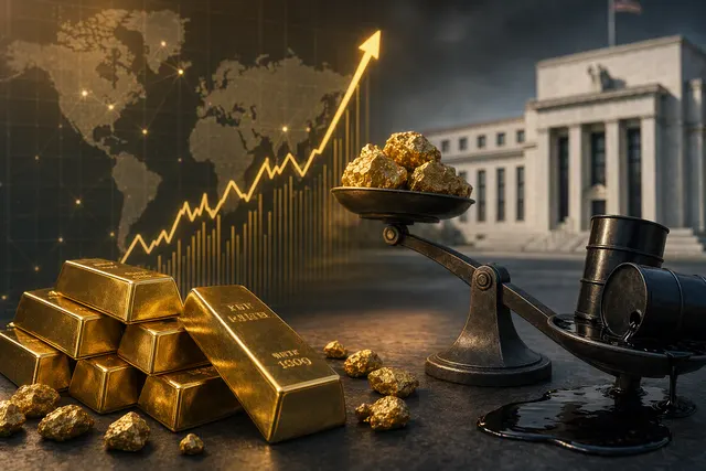 Gold bars and market charts representing gold’s rebound after oil prices eased