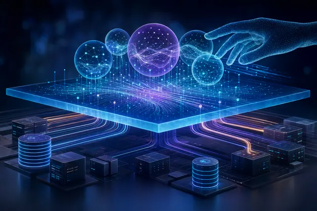 Concept illustration of an enterprise AI context layer connecting data systems, business processes, and AI agents