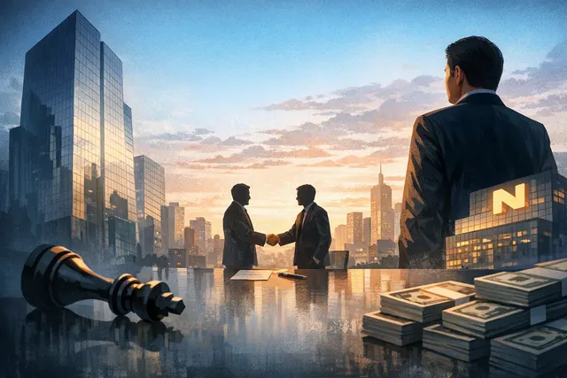 Editorial illustration of Tencent reducing its Netmarble stake as founder Bang Jun-hyuk takes greater ownership