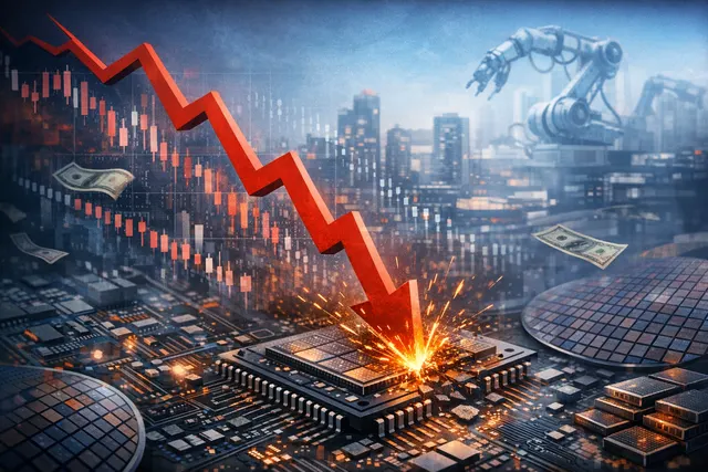 A downward trending stock chart overlaid on a glowing semiconductor chip, symbolizing the $1 trillion market rout triggered by Broadcom's AI guidance miss.