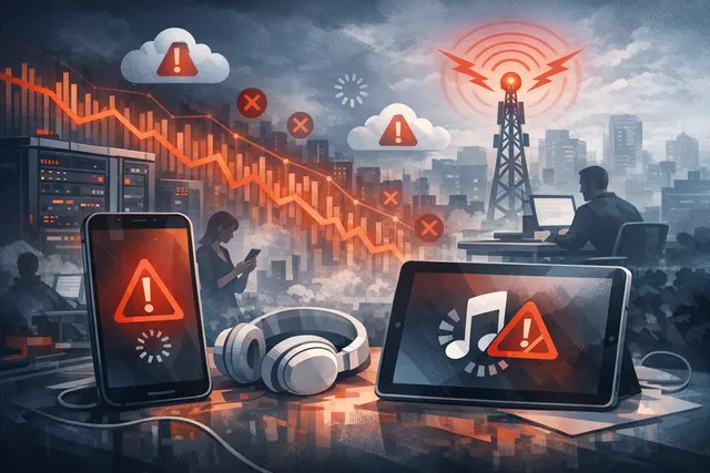 An abstract depiction of a disrupted music streaming service, with a broken digital waveform on a background of global network connections.