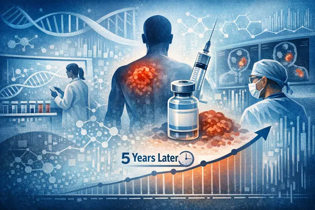 Conceptual illustration of a personalized mRNA cancer vaccine targeting melanoma cells, representing the KEYNOTE-942 five-year efficacy results.