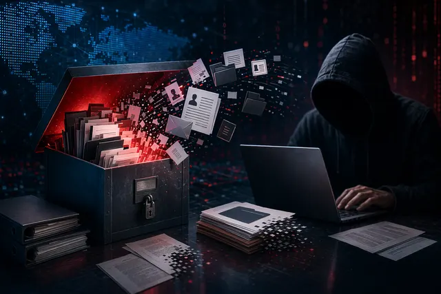Concept illustration of a large alleged Adobe data breach with files being exfiltrated from cloud systems