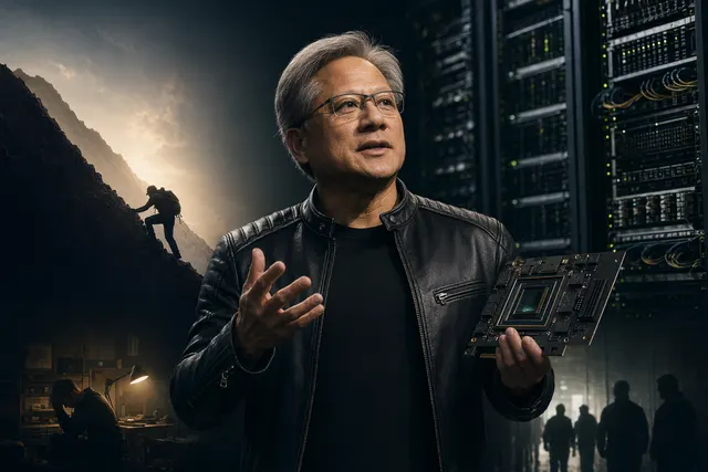 Illustration representing Nvidia founder Jensen Huang reflecting on the hardships of building the company