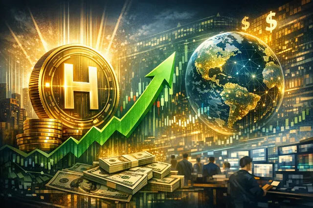 Digital chart showing a sharp upward price surge for Humanity Protocol's H token, set against an abstract background representing technology and market growth.