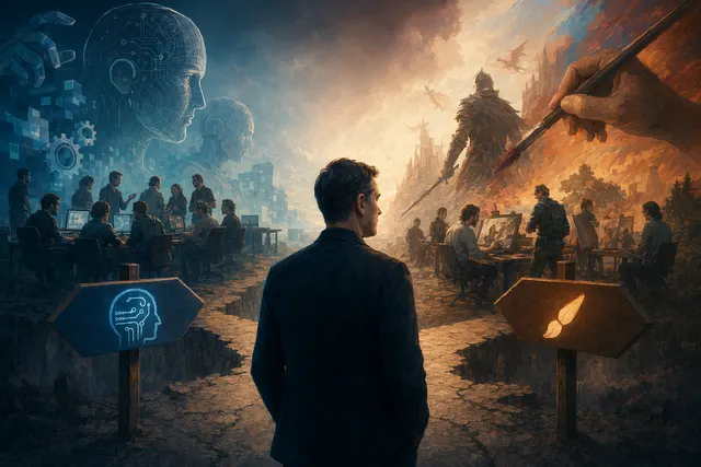 Conceptual illustration of game development and generative AI dividing the industry