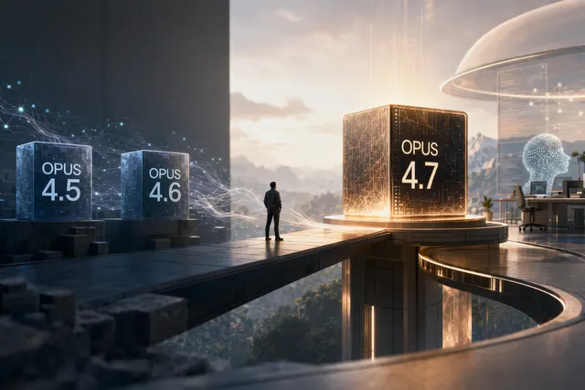 Abstract editorial image showing an AI model upgrade path for Claude Opus 4.7