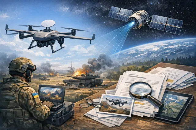 AI-generated editorial illustration of a Ukrainian midrange drone in flight over a rural landscape, symbolizing the drone campaign targeting Russian supply lines deep behind the fr