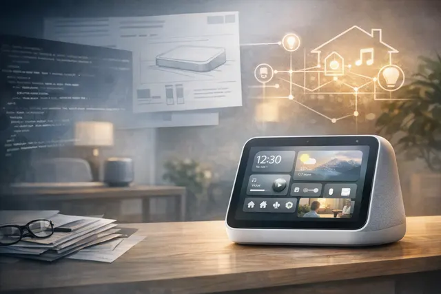 Conceptual Apple smart home hub with a square display, speaker base, and facial-recognition profile switching