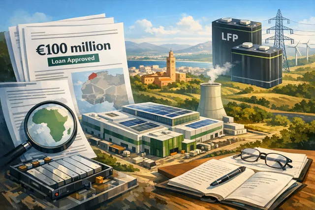 Conceptual illustration of a lithium iron phosphate battery gigafactory in Kenitra, Morocco, showing battery cells and solar farms