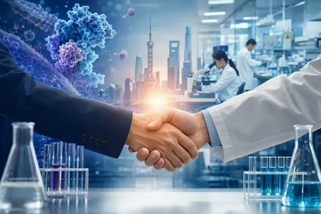 AI-generated editorial illustration accompanying the Lilly–InnoCare drug-discovery agreement