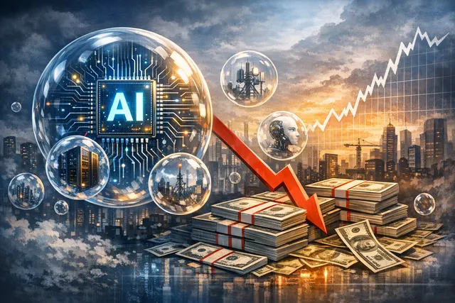 AI credit bubble risks illustrated with rising debt charts and warnings from Man Group