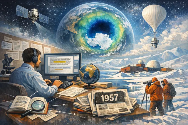 Illustration of the Earth's atmosphere with the ozone layer highlighted over the tropics, representing the 1957 detection of ozone depletion by MIT researchers.