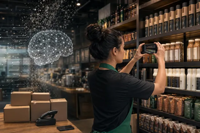 Tablet scanning shelves in a coffee shop to count milk cartons and inventory using AI computer vision