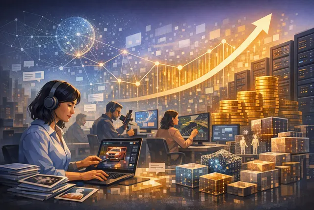 Abstract editorial illustration of human experts and artificial intelligence data streams powering AI model training