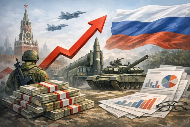 A stylized illustration of the Kremlin with charts and Russian ruble symbols, representing Russia's planned 40% increase in war spending that is driving budget deficits to unsustai